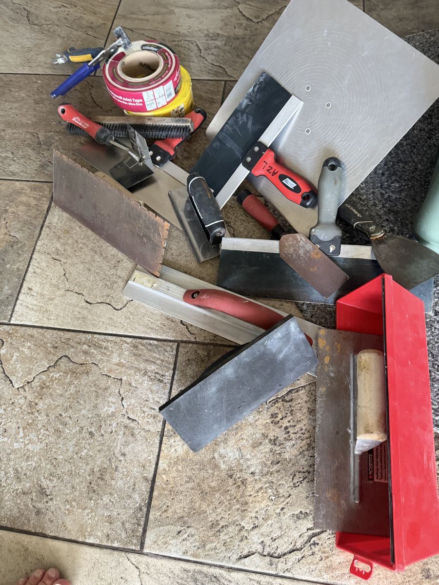 Assorted Drywall Finishing Tools: Trowels, Knives, Mud Pans, Tape, CASH ONLY!