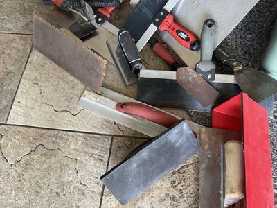 Assorted Drywall Finishing Tools: Trowels, Knives, Mud Pans, Tape, CASH ONLY!