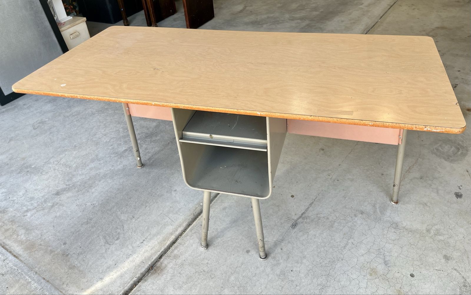 Vintage Double Student Desk with Wooden Top and Metal Storage Cubbies
