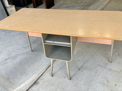 Vintage Double Student Desk with Wooden Top and Metal Storage Cubbies