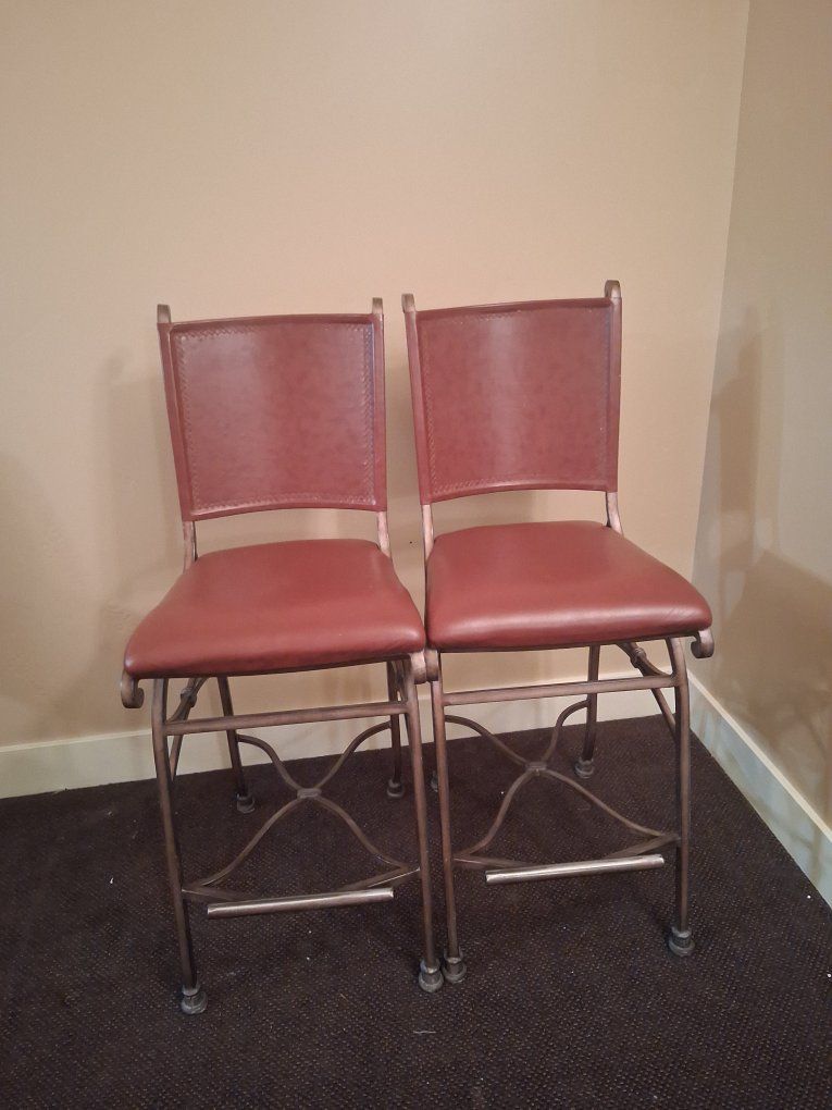 Set of 2 Metal Bar Stools with Brown Faux Leather Padded Seats
