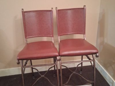 Set of 2 Metal Bar Stools with Brown Faux Leather Padded Seats
