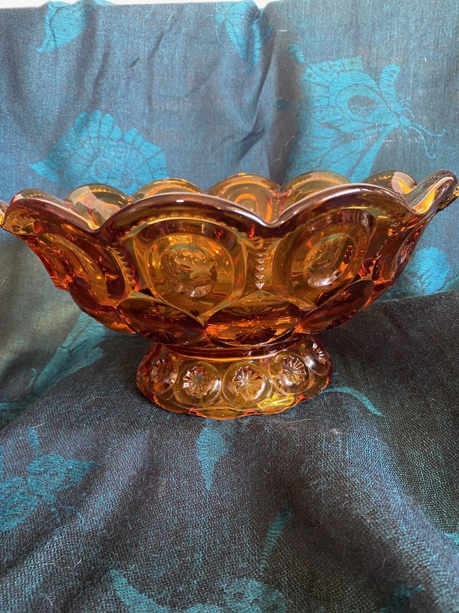 Vintage LE Smith Amber Glass Centerpiece Bowl - Moon and Stars Pattern