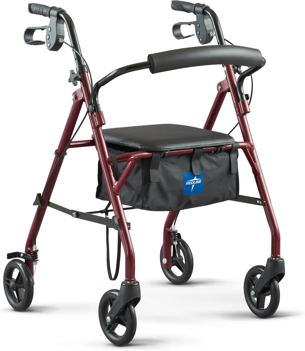 NEW Medline Steel Rollator Walker with Seat, Burgundy, 350 lb. Weight Capacity, 6” Wheels, Foldable, Adjustable Handles