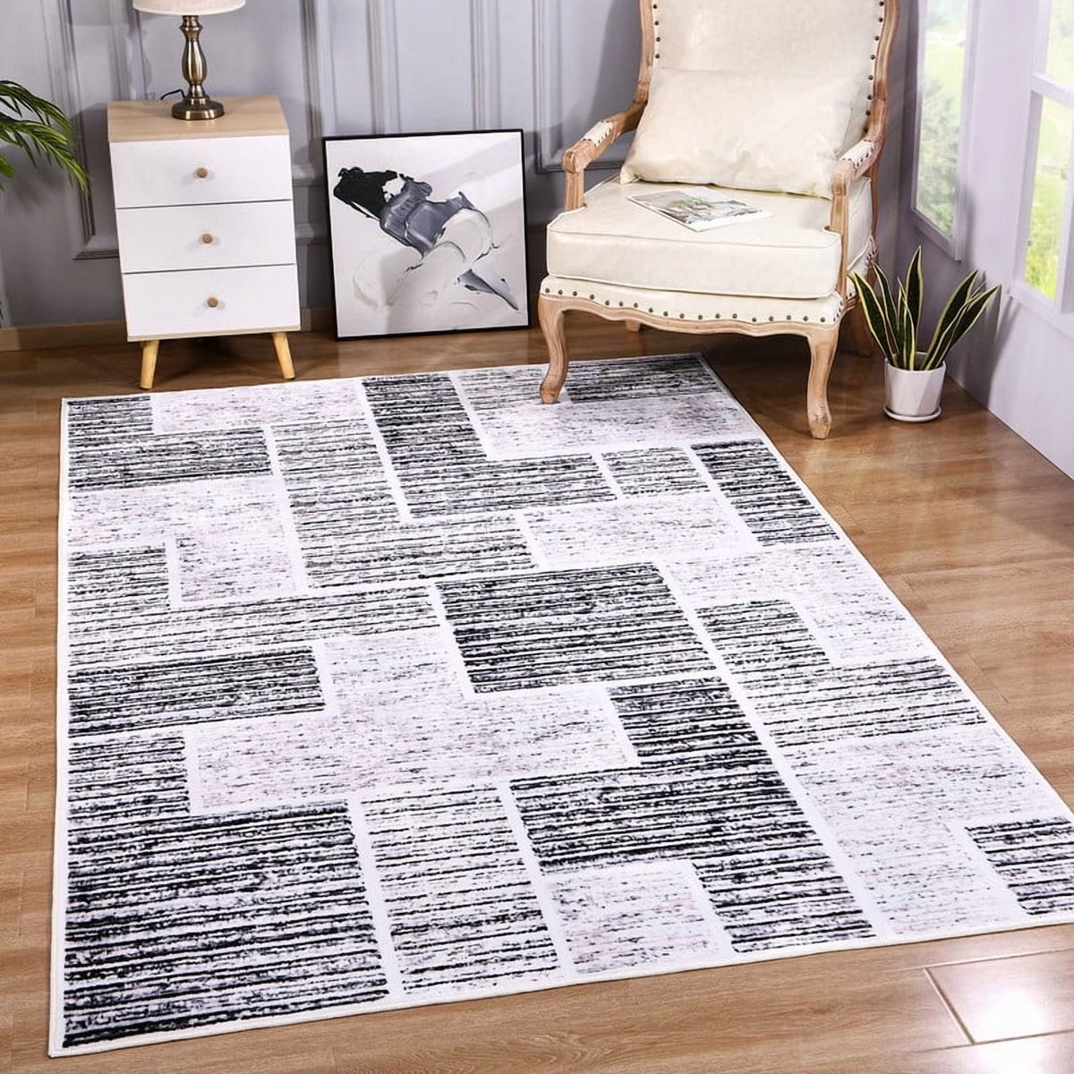 NEW 6x9 Washable Upgrade Area Rug Super Soft Rugs with Non-Slip Backing Black White