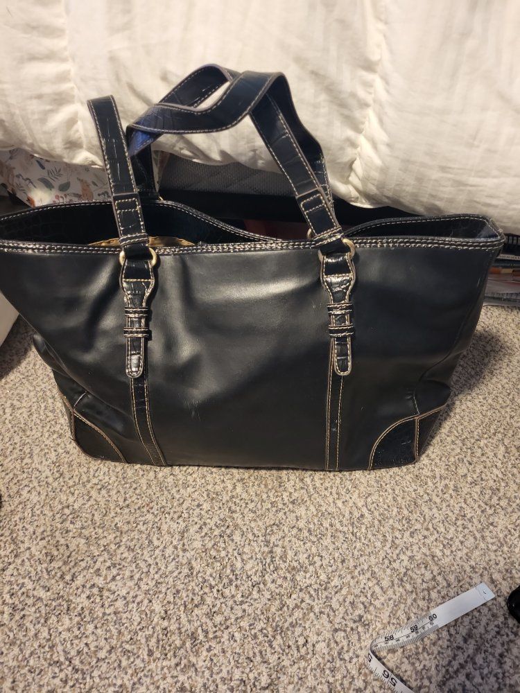 Black Croc-Embossed Shoulder Bag with Gold Interior - Used, Great Condition