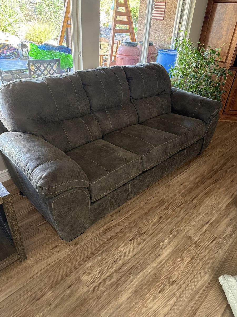 Comfortable Dark Gray Fabric Sofa Couch with Rolled Arms - Gently Used Living Room Furniture