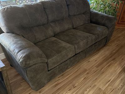 Comfortable Dark Gray Fabric Sofa Couch with Rolled Arms - Gently Used Living Room Furniture