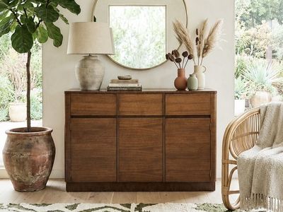 Vintage Mid Century 2-Drawer 2-Door Walnut Veneer Waterfall Edge Sideboard Buffet Cabinet Credenza