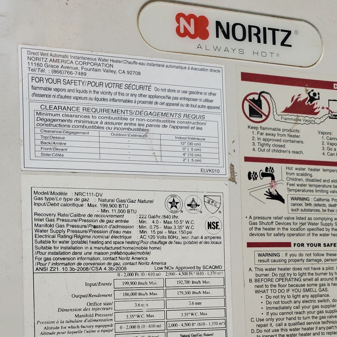 Noritz 199,000 BTU tankless water heater