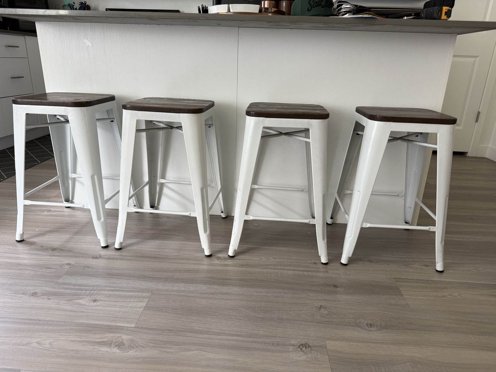 Set of 4 White Metal Bar Stools with Wood Seats