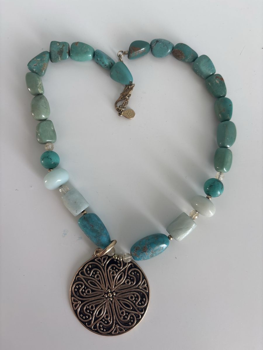 Turquoise & Blue Beaded Necklace with Bronze Ornate Medallion Pendant