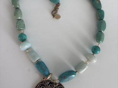 Turquoise & Blue Beaded Necklace with Bronze Ornate Medallion Pendant