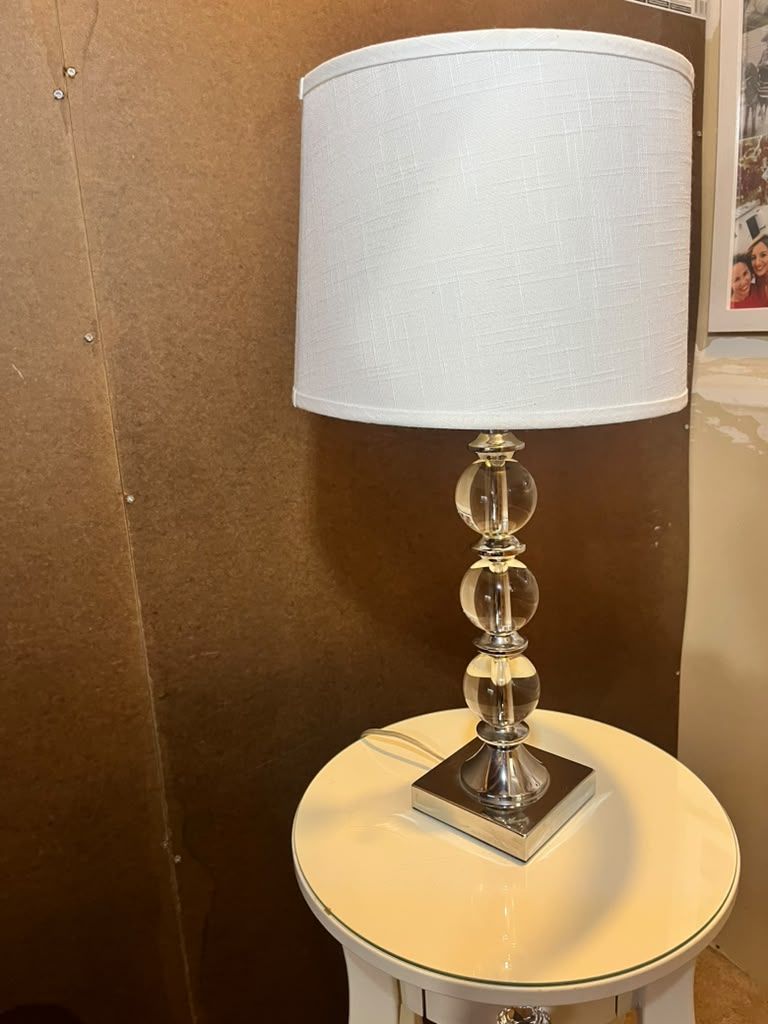 Glass Table Lamp with Beige Linen Shade