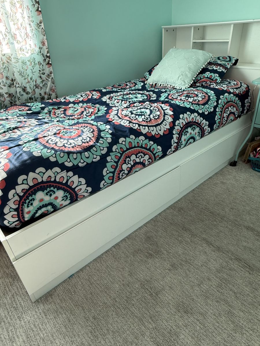 White Twin Captain's Bed w/ Under-Bed Drawers & Headboard Shelf + Optional Mattress