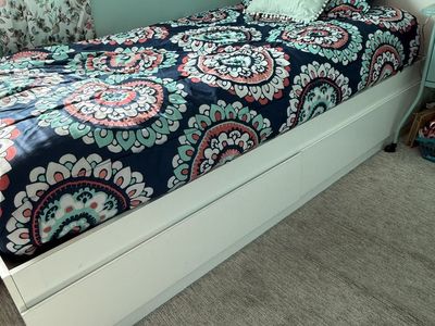 White Twin Captain's Bed w/ Under-Bed Drawers & Headboard Shelf + Optional Mattress
