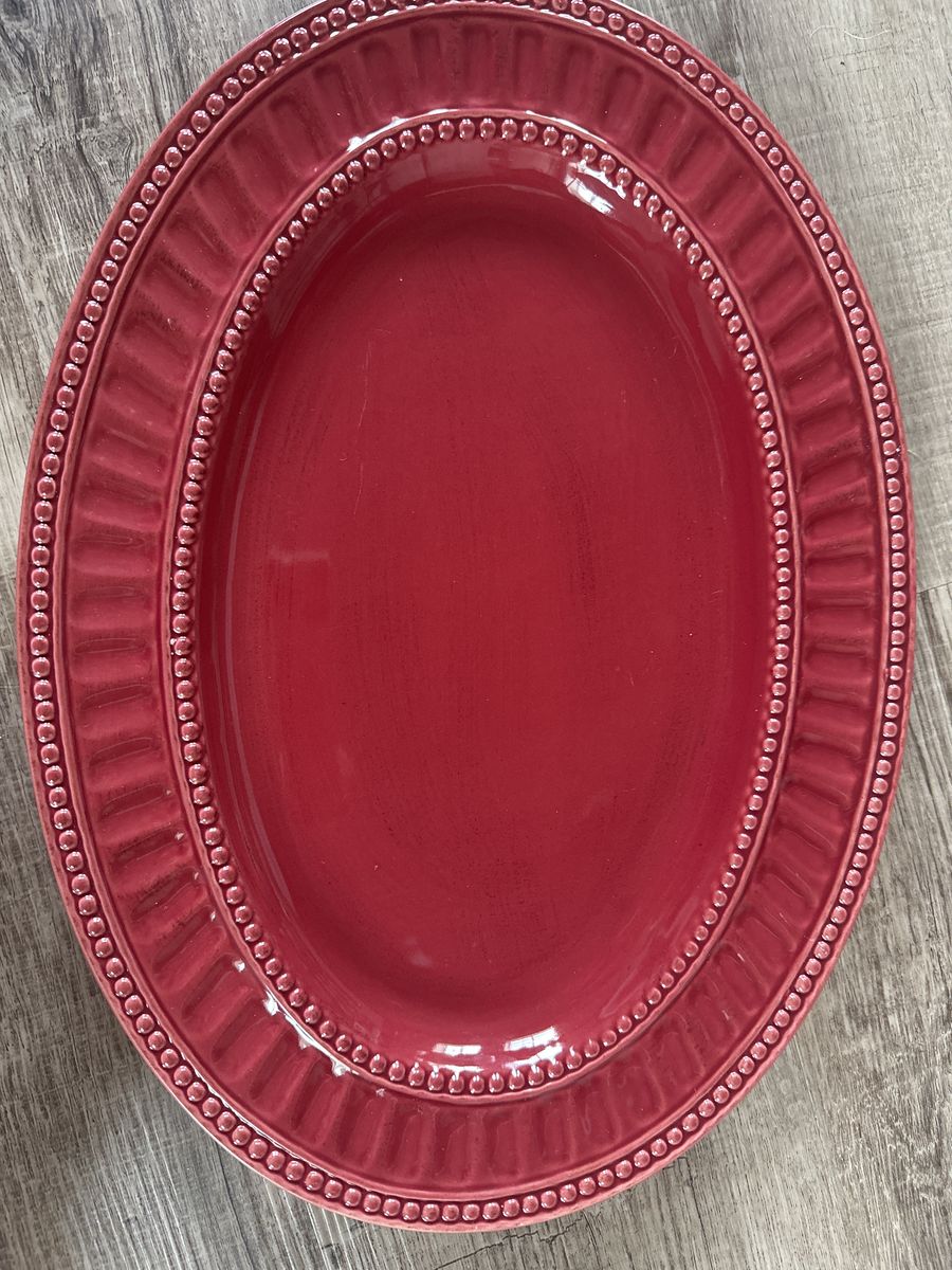 Homestead by Ambiance Red Oval Serving Platter | Beaded Edge Large Ceramic Tray