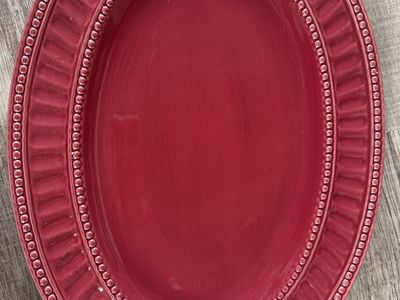 Homestead by Ambiance Red Oval Serving Platter | Beaded Edge Large Ceramic Tray