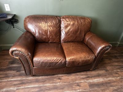 Leather Loveseat – Brown, Nailhead Trim