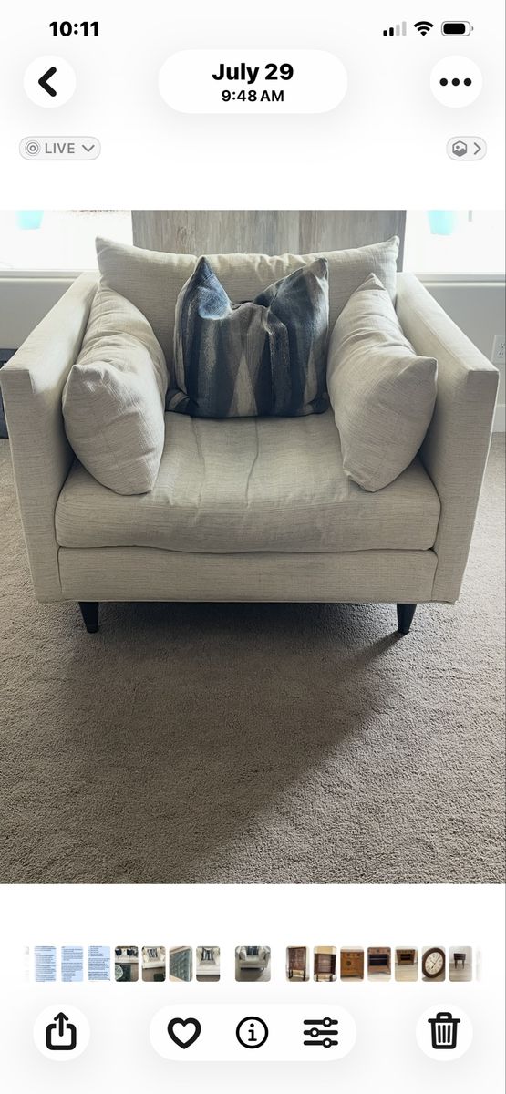 Modern Upholstered cream/ivory oversized Armchair  with Accent Pillow
