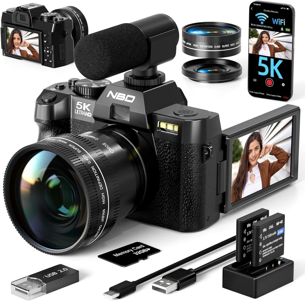 NEW True 5K Digital Cameras for Photography 48MP WiFi, Wide-Angle, Macro Lens, 16X Zoom Autofocus, 32GB TF Card, Vlogging Camera