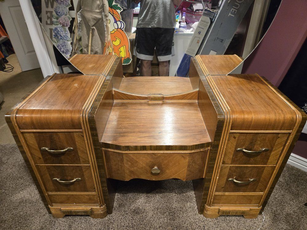 Vintage Art Deco Waterfall Vanity Desk with Round Mirror & Drawers