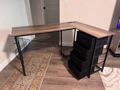 L-Shaped Desk with Power Outlet & USB Ports, 4 Fabric Drawers, Rustic Brown/Black, Corner Home Office