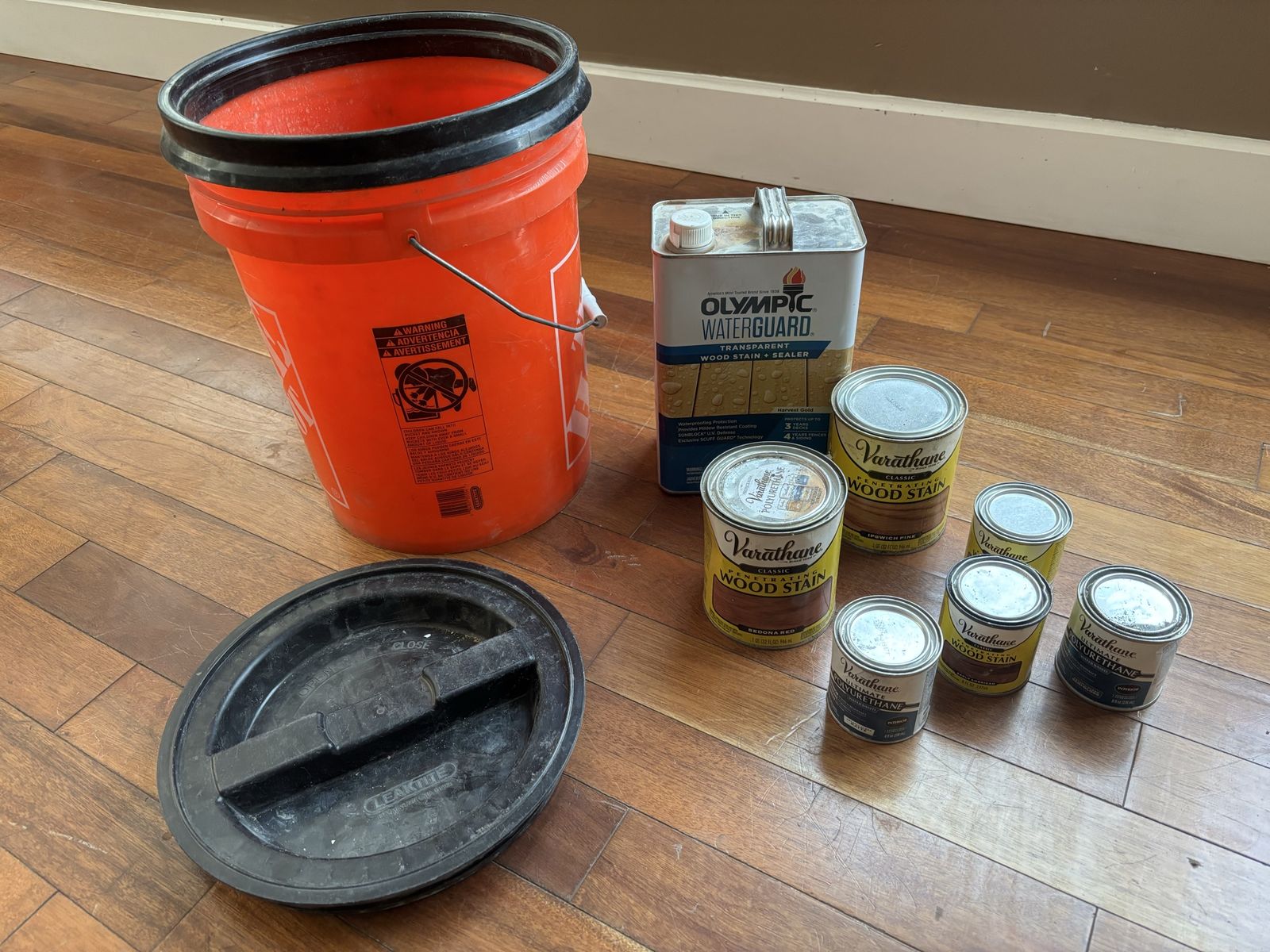 Assorted Wood Stain & Sealer Lot - Varathane, Olympic WaterGuard & Home Depot Bucket
