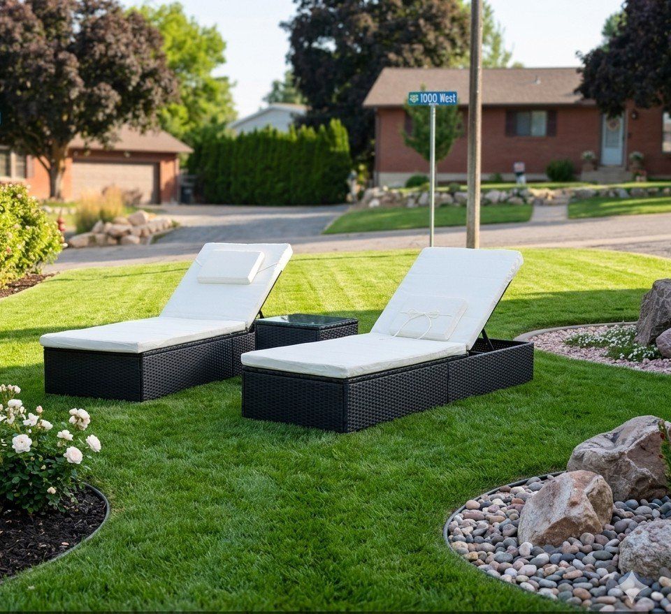 Outdoor Adjustable Wicker Lounge Chair Set (2 Loungers + 1 Table) with Cushions