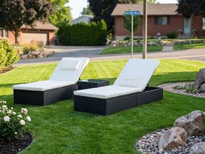 Outdoor Adjustable Wicker Lounge Chair Set (2 Loungers + 1 Table) with Cushions