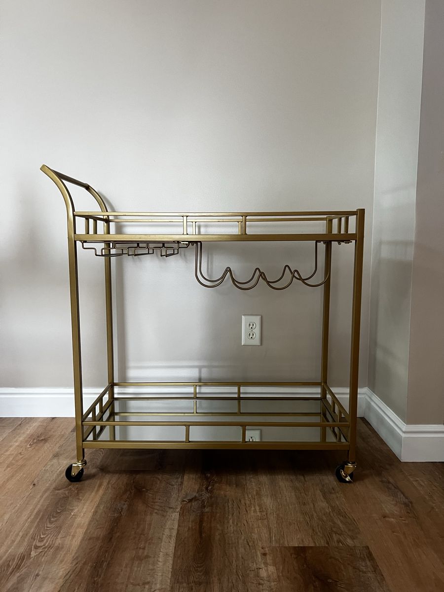 Gold Bar Cart with Mirrored Shelves, Wine Rack, and Glass Holders