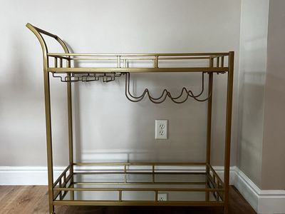 Gold Bar Cart with Mirrored Shelves, Wine Rack, and Glass Holders