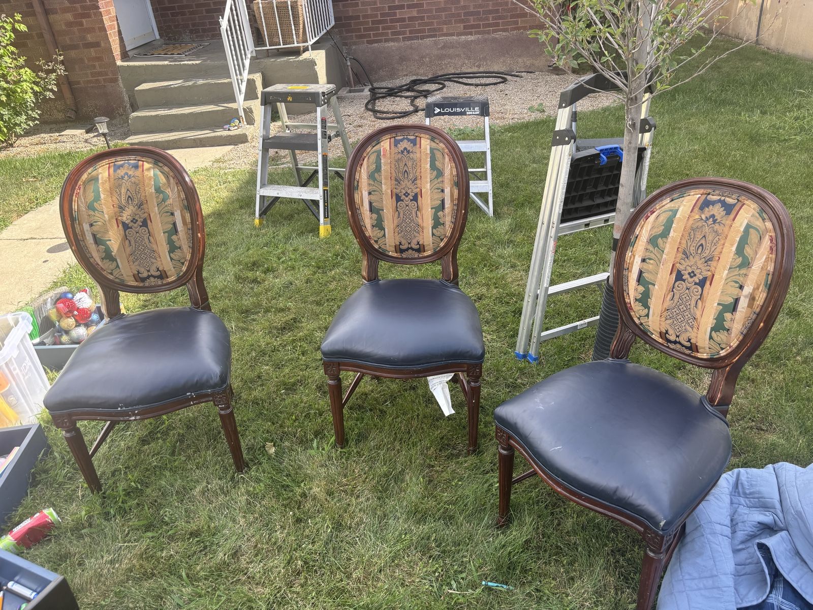 Set of 3 Vintage Dining Chairs with Damask Backs and Navy Leatherette Seats