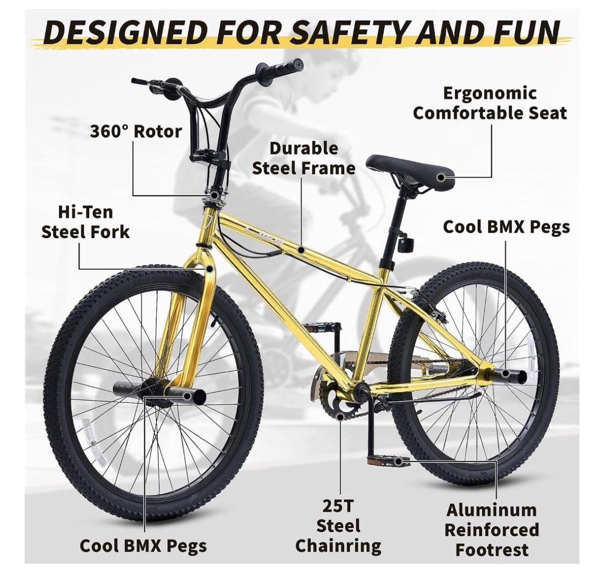 24 Inch Gold Freestyle BMX Bike with Steel Frame and Pegs