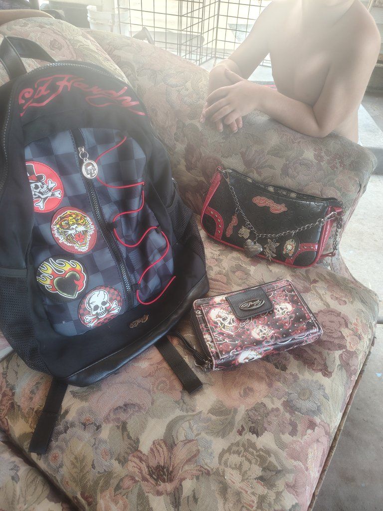 Ed Hardy Multi-Item Lot: Skull Backpack, Wallet, and Pouch