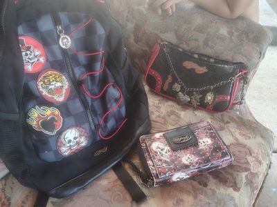 Ed Hardy Multi-Item Lot: Skull Backpack, Wallet, and Pouch