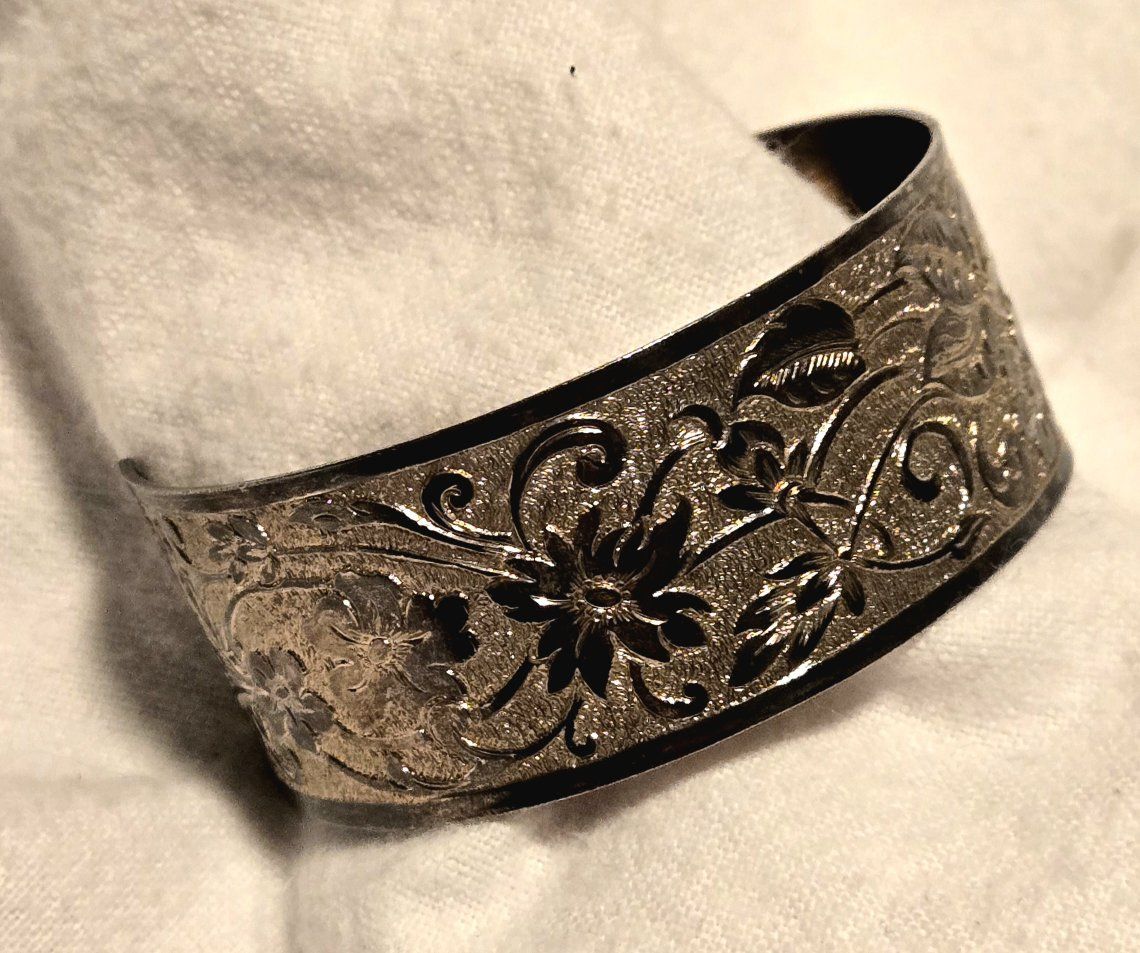 Beautiful, Genuine Copper Engraved Floral Cuff Bracelet - Vintage Silver Tone over Copper.