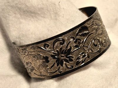 Beautiful, Genuine Copper Engraved Floral Cuff Bracelet - Vintage Silver Tone over Copper.