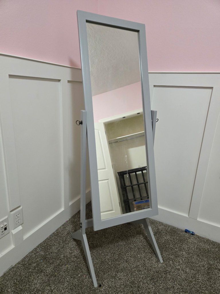 Full-Length Standing Mirror - Gray Frame, Adjustable Tilt, Free-Standing, Good Condition