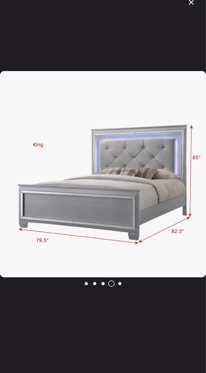 Modern Gray LED King Bedroom Set with Bed frame only, Dresser, Mirror, and Nightstand
