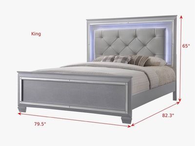 Modern Gray LED King Bedroom Set with Bed frame only, Dresser, Mirror, and Nightstand