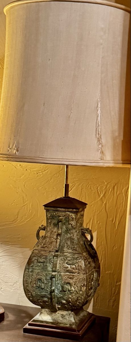 Vintage 1950s James Mont Style Chinoiserie Verdigris Bronze Table Lamp 36"