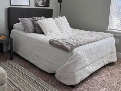 Quen Size Bed with Black Upholstered Headboard - Mattress and Box Spring Included