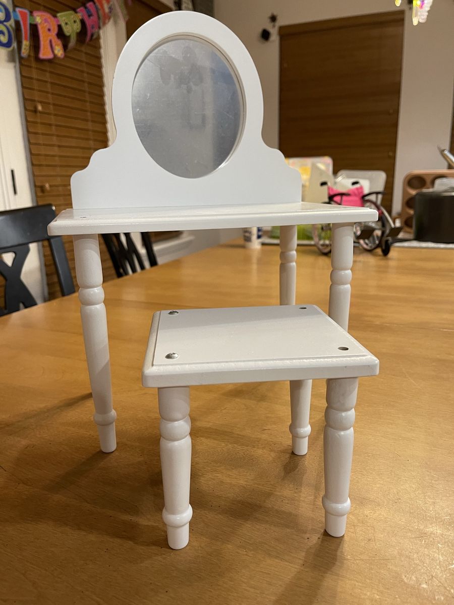 White Wooden Doll Vanity Table & Stool Set with Mirror for 18-inch dolls