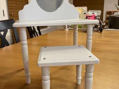 White Wooden Doll Vanity Table & Stool Set with Mirror for 18-inch dolls