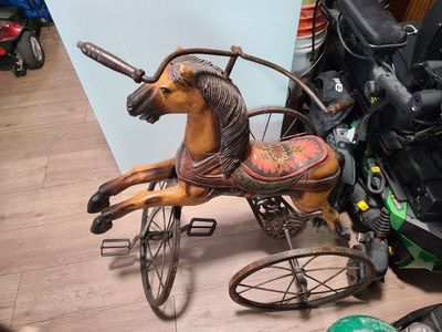 Vintage Hand-Painted Cast Iron & Wood Horse Tricycle Riding Toy Decor