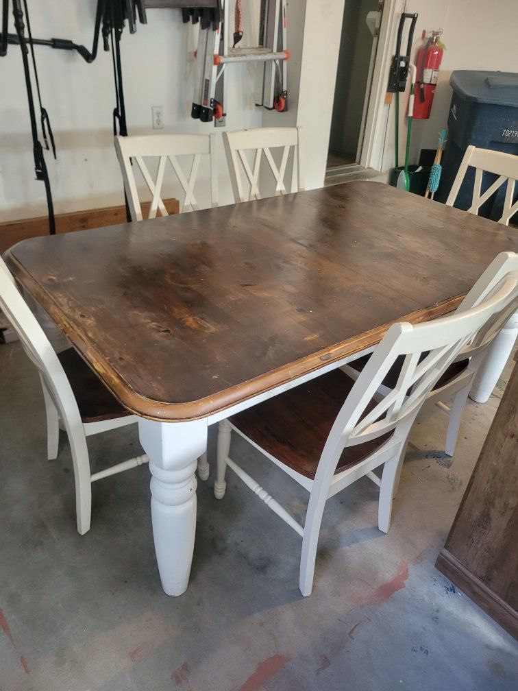 Farmhouse Style Wood Dining Table with 6 Chairs - Distressed White & Brown - Seats 4-6