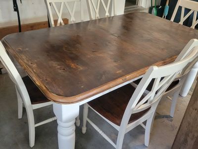 Farmhouse Style Wood Dining Table with 6 Chairs - Distressed White & Brown - Seats 4-6
