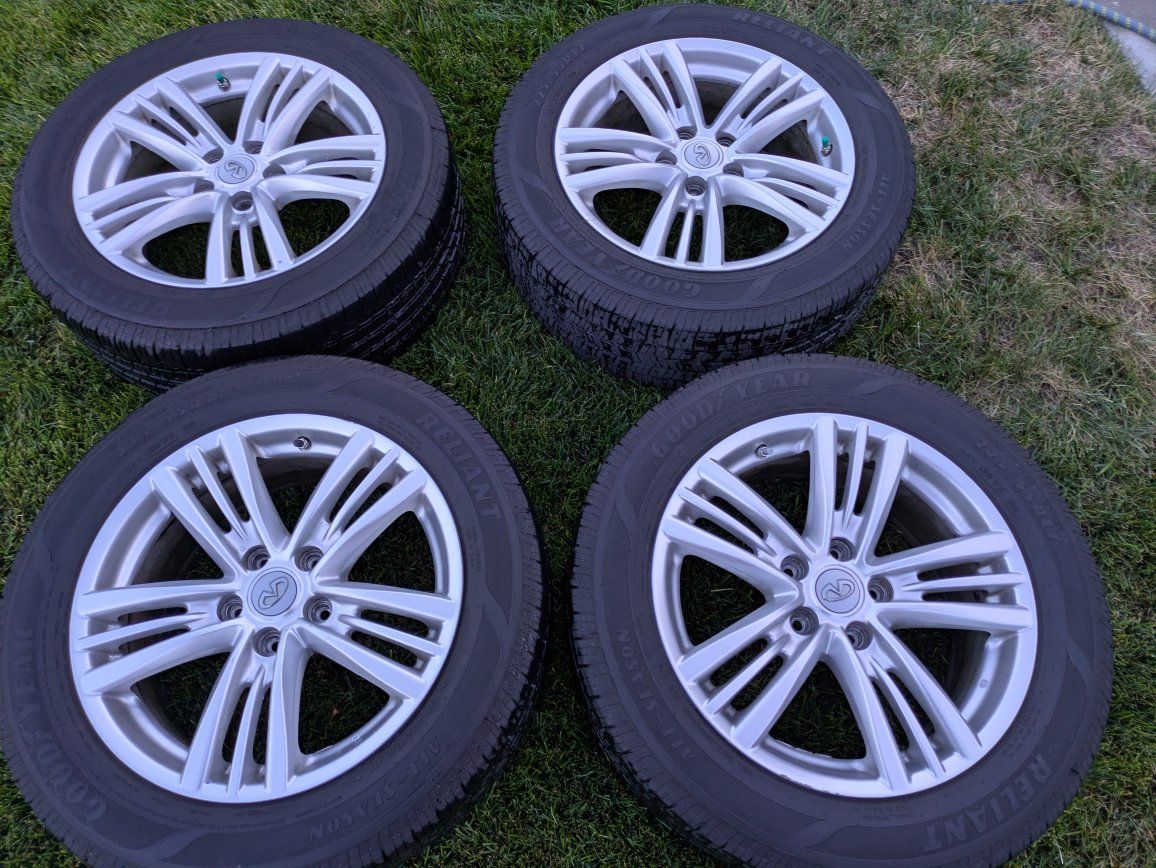 Set of 4 Infiniti Factory Wheels and Goodyear Reliant All-Season Tires 225/55R17