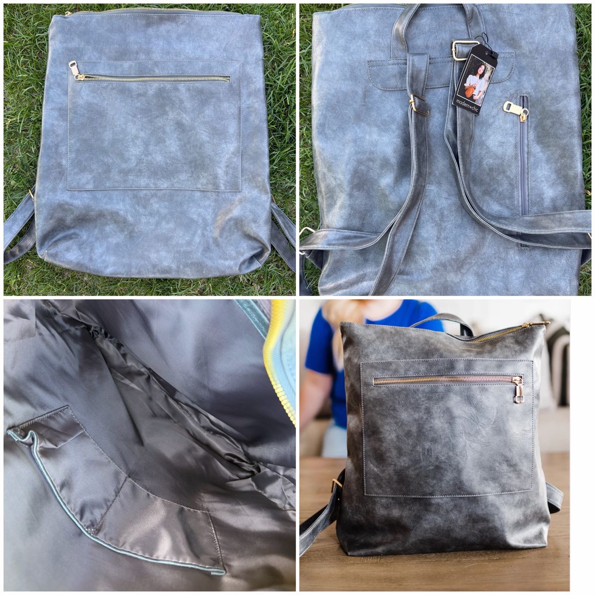 Modern and Chic Gray Faux Leather Backpack Tote Shoulder Bag New with Tags